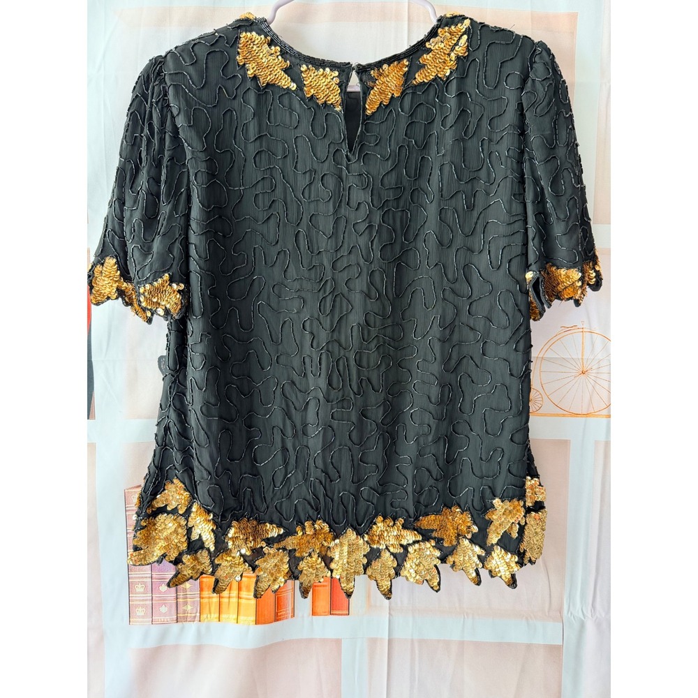 Laurence Kazar Beaded Silk Blouse Vintage 90s Gold Sequin Top Size S - Picture 2 of 4
